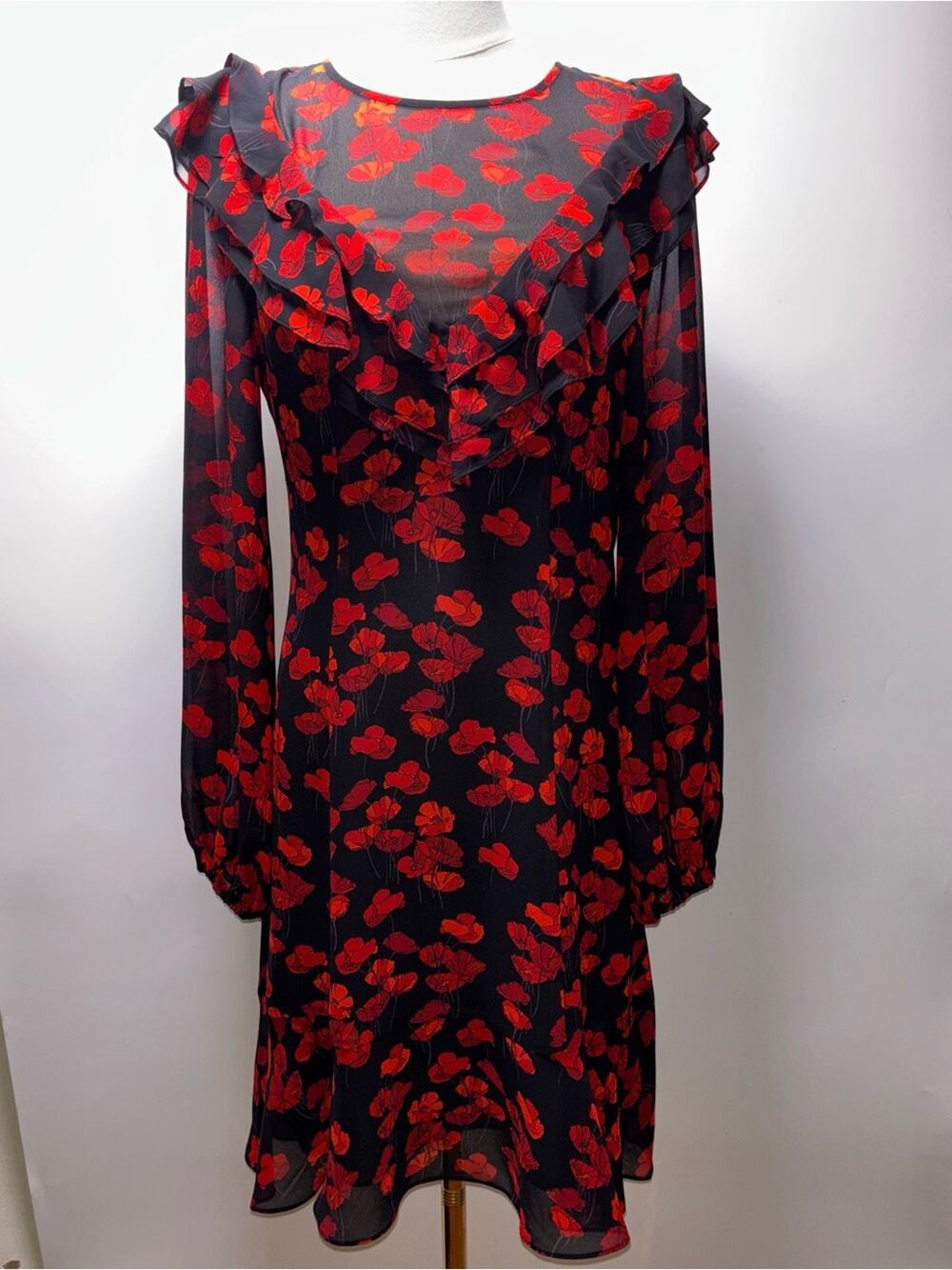 & Other Stories Black Long-Sleeve Ruffle Dress with Red Floral Size 6